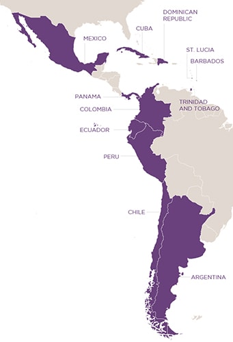 Map of part of the Western Hemisphere highlighting the twelve countries in Latin America and the Caribbean in which HEARTS is being implemented: Mexico, Cuba, Dominican Republic, St. Lucia, Barbados, Panama, Colombia, Ecuador, Peru, Chile, Argentina, and Trinidad and Tobago