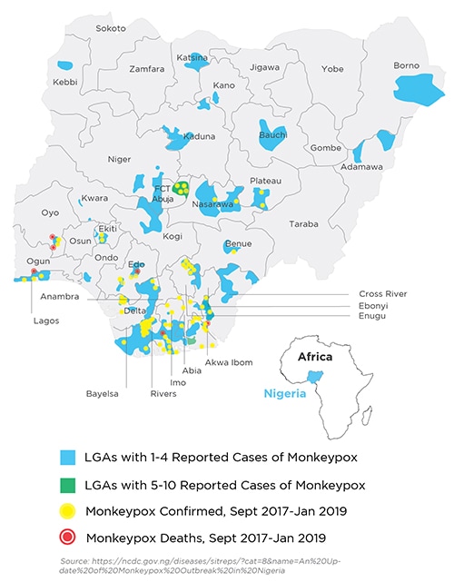 Nigeria: Distribution of Monkeypox Cases by Local Government Areas (LGA), September 2017-January 2019. Map showing monkeypox cases in Nigheria ranging from 1-4 and 5-10 by LGA, with instances of confirmed cases and deaths shown. Inset map showing Nigeria's location on a map of Africa. Source: https://ncdc.gov.ng/diseases/sitreps/?cat=8&name=An%20Update%20of%20Monkeypox$20Outbreak%20in$20Nigeria