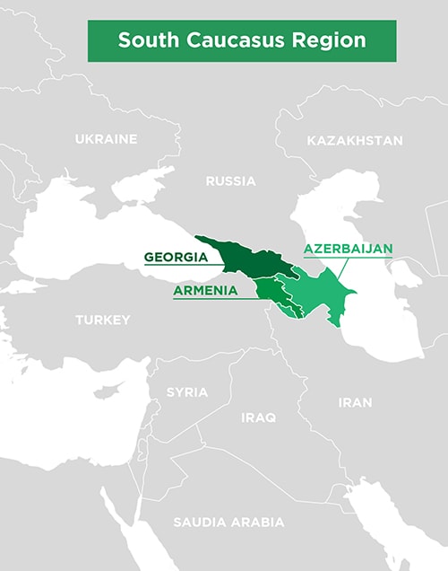 Map of South Caucasus Region, showing all countries in area and highlighting the neighbors of Georgia, Armenia, and Azerbaijan