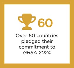 Illustration of trophy. 60: Over 60 countries pledged their commitment to GHSA 2024