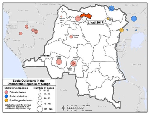 map showing Ebola Outbreaks in the Democratic Republic of Congo. Largest outbreak in Likati health zone during May 2017.