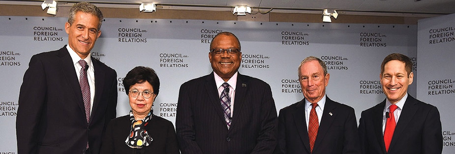 Presenters at the Global Hearts Initiative launch in New York City on September 22, 2016. From left to right: Richard Besser, Margaret Chan, John Boyce (Minister of Health of Barbados), Michael Bloomberg, Tom Frieden.