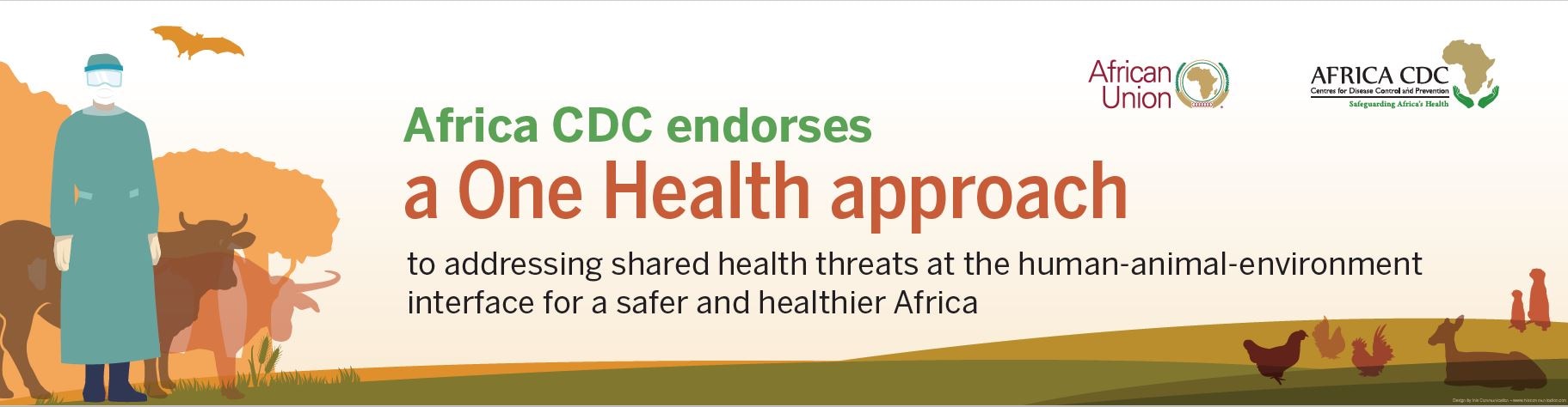 Africa CDC endorses a One Health approach to addressing shared health threats at the human-animal-environment interface for a safer and healthier Africa. African Union and Africa CDC logos.