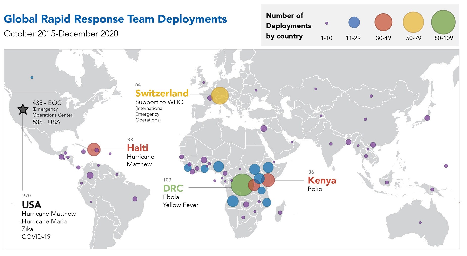Global Rapid Response Team Deployments, October 2015-December 2020. Deployments are listed by country in the data table below the map.