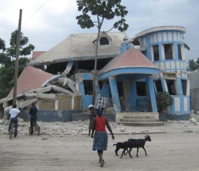 collapsed building in Haiti after 2010 earthquake, people in street and a pair of goats
