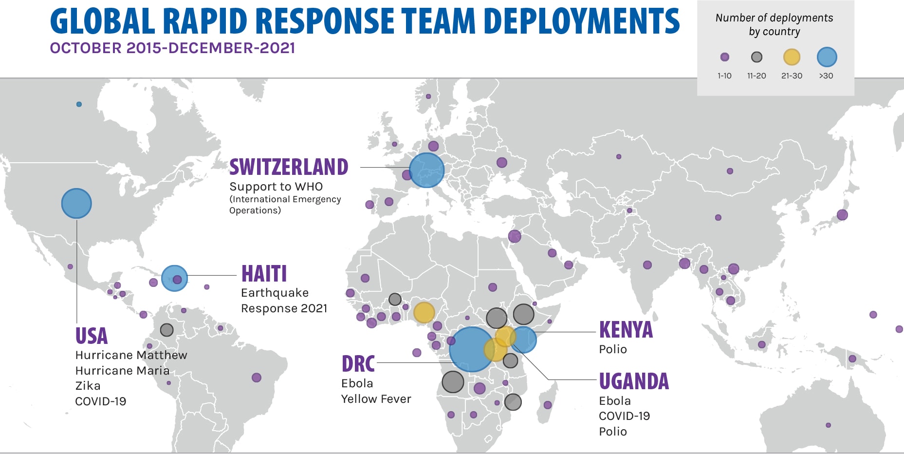 Global Rapid Response Team Deployments, October 2015-December 2021. World Map with deployments shown around the world.