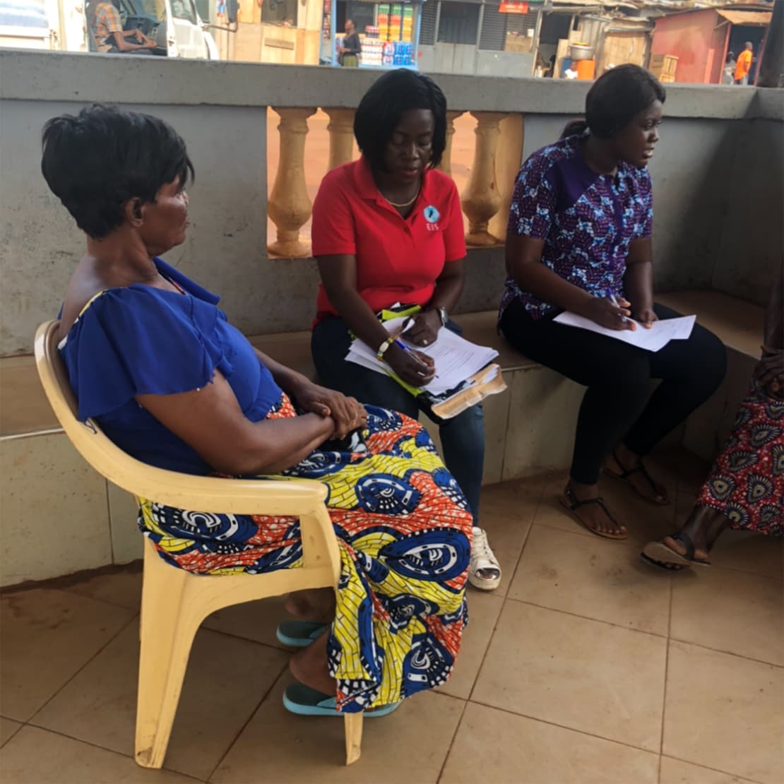 The project principal investigator, Dr. Christabel Ayepah, and a team member interview participants during a blood pressure screening in Ngesia, Ghana. Photo: Christabel Ayepah