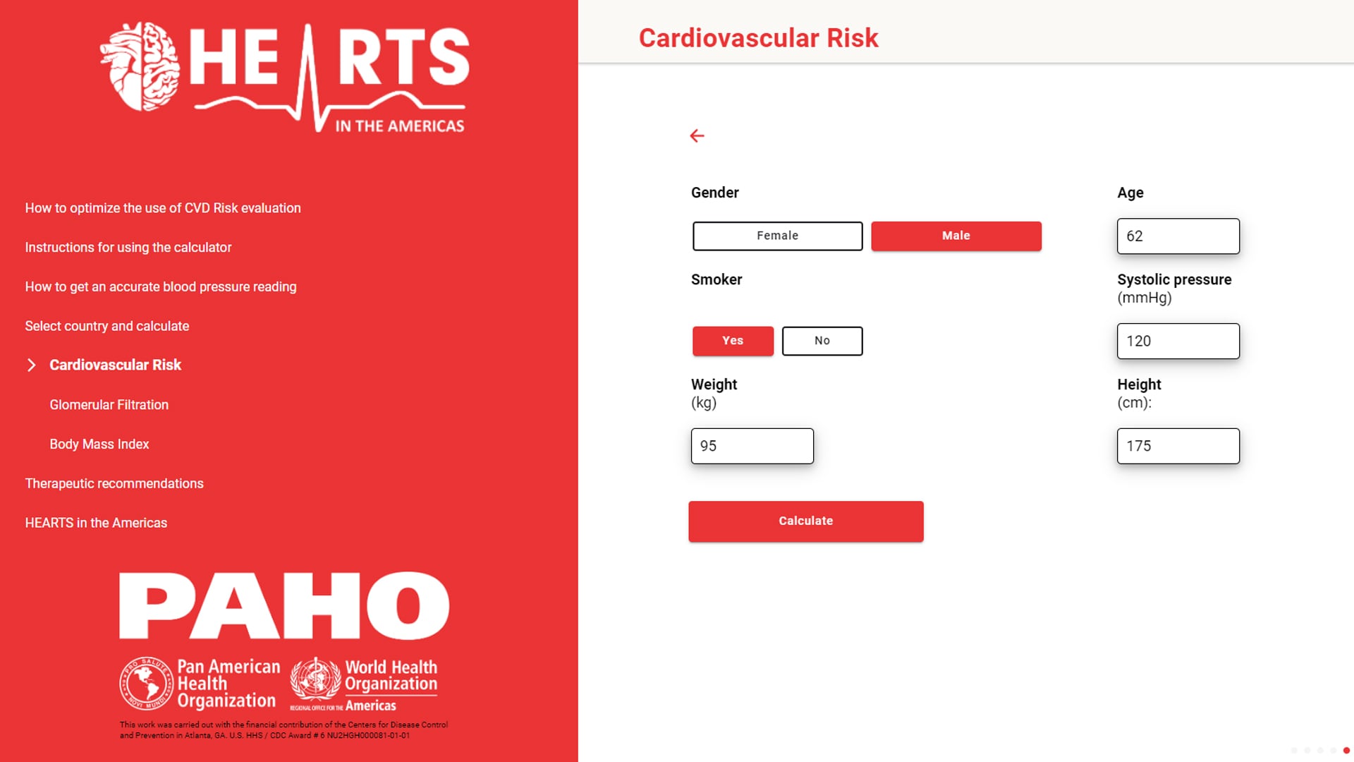 Screenshot from paho caridosvascular risk calculator