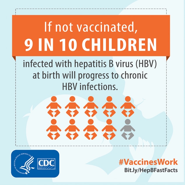 9 in 10 children infected with hepatitis b at birth will progress to hbv infections if not vaccinated