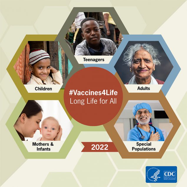 5 groups shown: mothers and infants, children, teenagers, adults, and special populations. #Vaccines4Life Long Life for All
