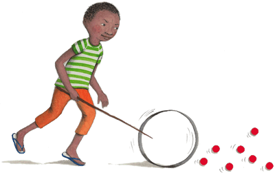 Young boy playing hoop and stick alongside rolling red spots