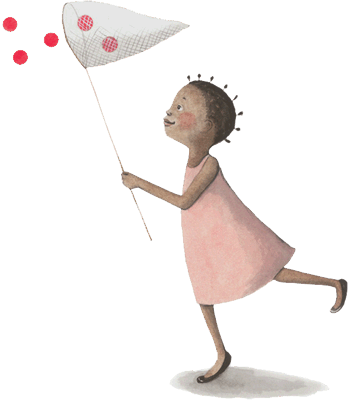 A girl chasing flying red spots with a net