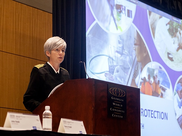 Dr. Nancy Knight at the Division of Global Health Protection annual meeting discussing her vision and strategic priorities to advance global health security. Dr. Knight highlighted successes and challenges in protecting the health of Americans both at home and abroad.