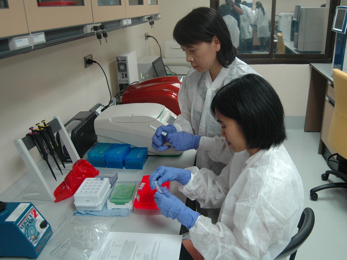 Lab workers analyze pathogens in Thailand