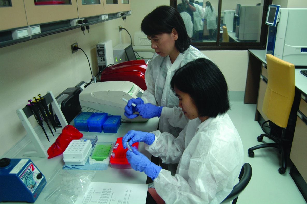 Laboratorians in Thailand trained in the safe handling of pathogens.
