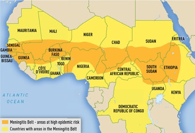 The "meningitis belt" runs from Senegal in the west all the way to Ethiopia in the east.