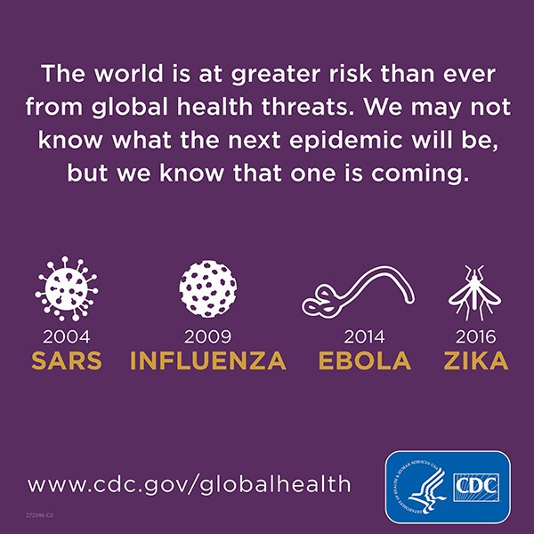 The world is at greater risk than ever from global health threats. We may not know what the next epidemic will be, but we know that one is coming. www.cdc.gov/globalhealth