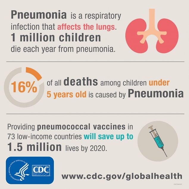 Pneumonia is a respiratory infection that affects the lungs. 1 million children die each year from pneumonia. 16% of all deaths among children under 5 years old is caused by pneumonia. Providing pneumococcal vaccines in 73 low-income countries will save up to 1.5 million lives by 2020