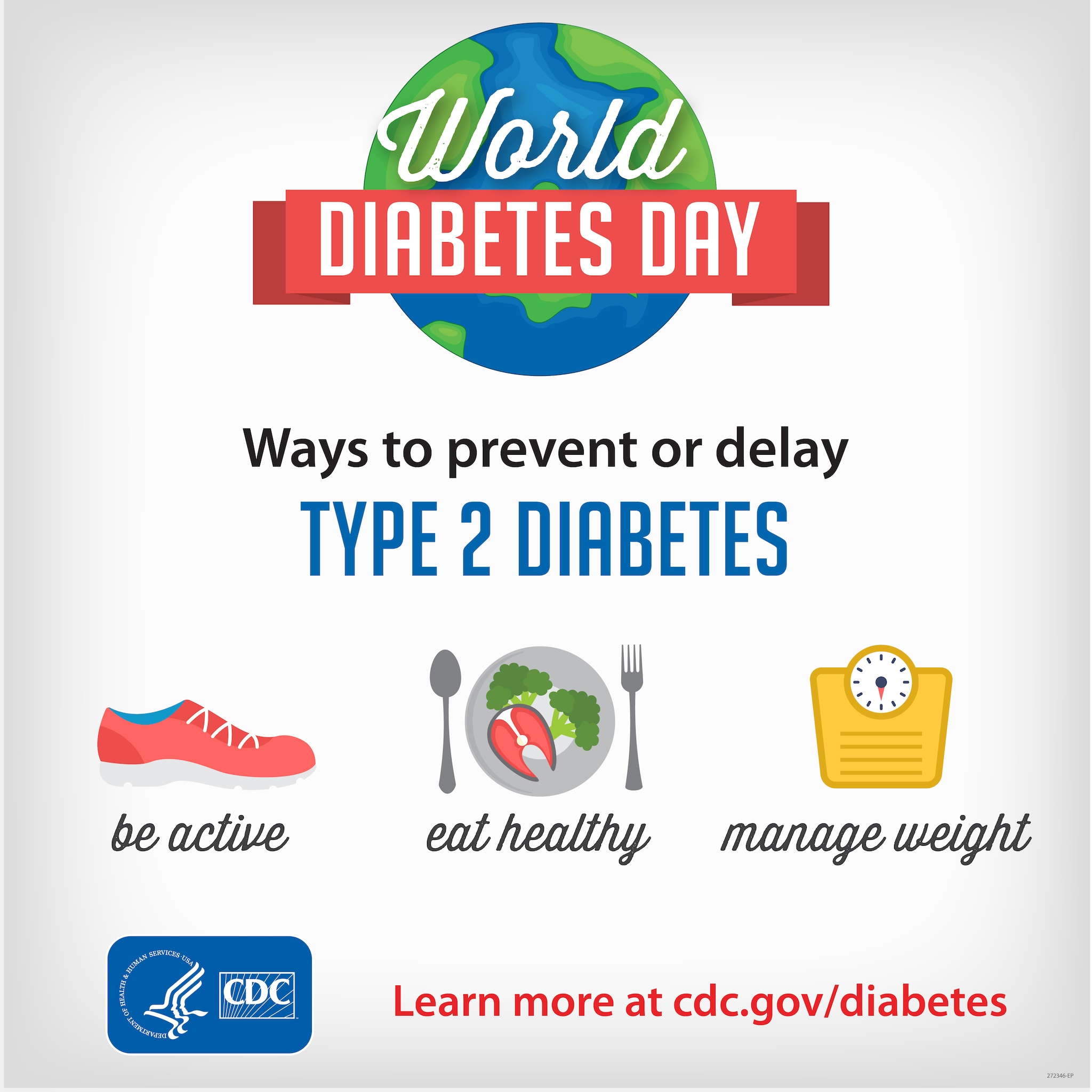 Ways to prevent or delay TYPE 2 DIABETES. be active. eat healthy. manage weight. www.cdc.gov/globalhealth