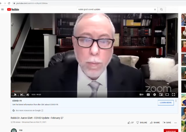 Screenshot of Rabbi Dr. Aaron Glatt sharing latest COVID-19 information in Zoom meeting on YouTube, February 27, 2021.