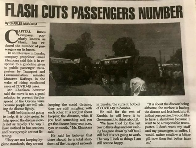Photo of a Zambian newspaper article with the headline, “Flash Cuts Passengers Number.”