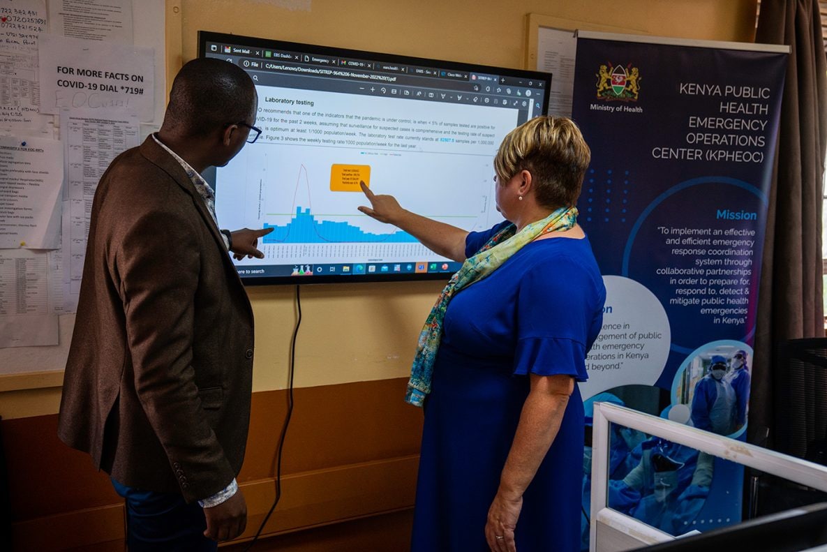 Photo of a COVID-19 data presentation at Kenya’s Emergency Operations Center.