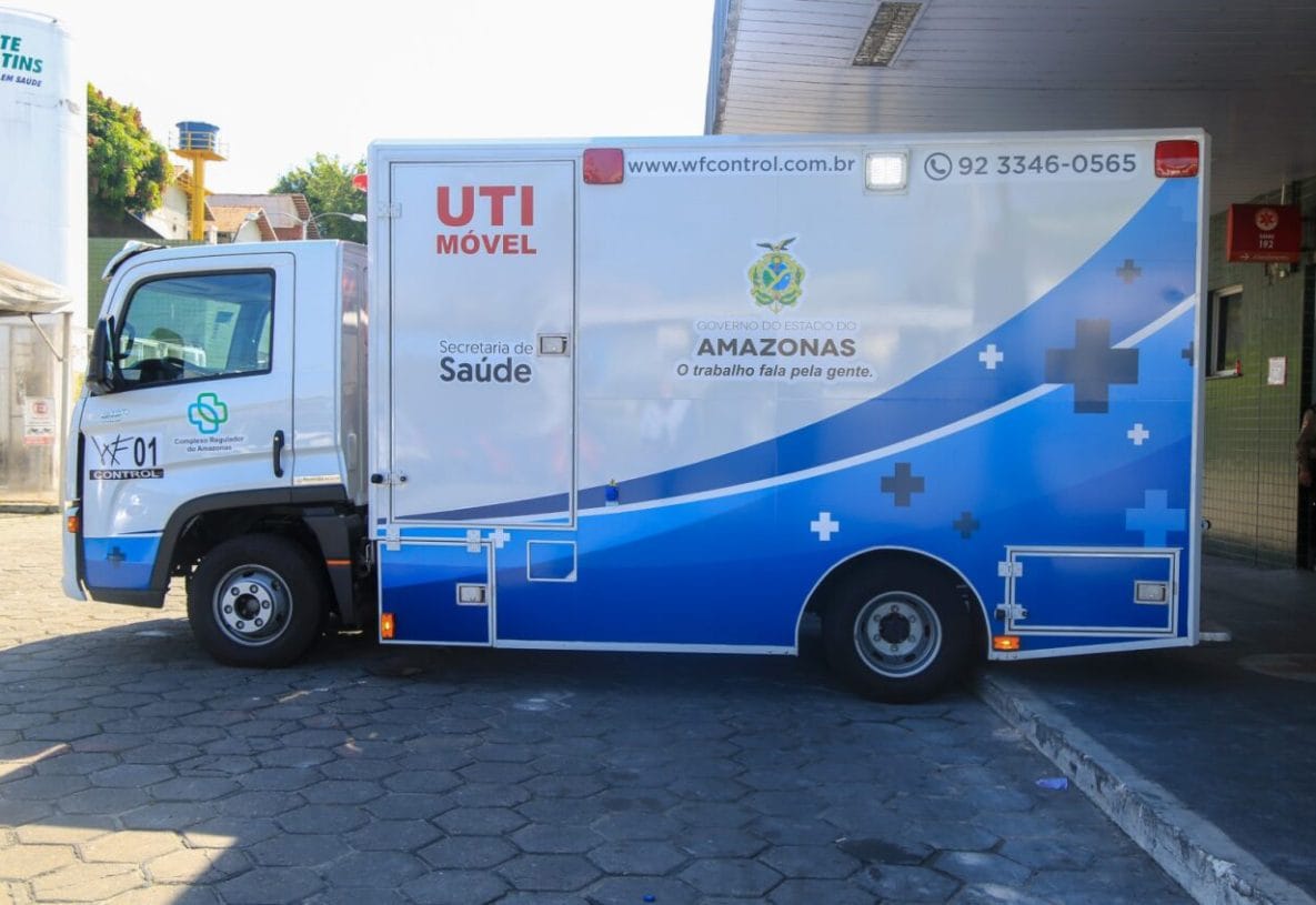 Photo of ambulance parked at hospital in Manaus, Brazil, during COVID-19 pandemic.