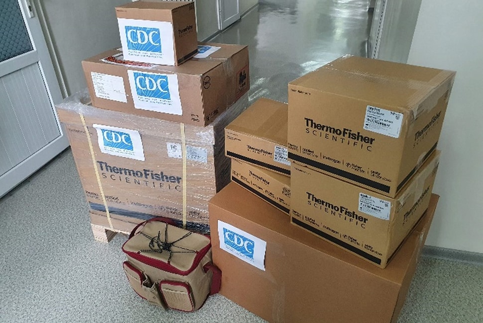 Photo of boxes containing laboratory equipment donated by CDC to Kazakhstan.