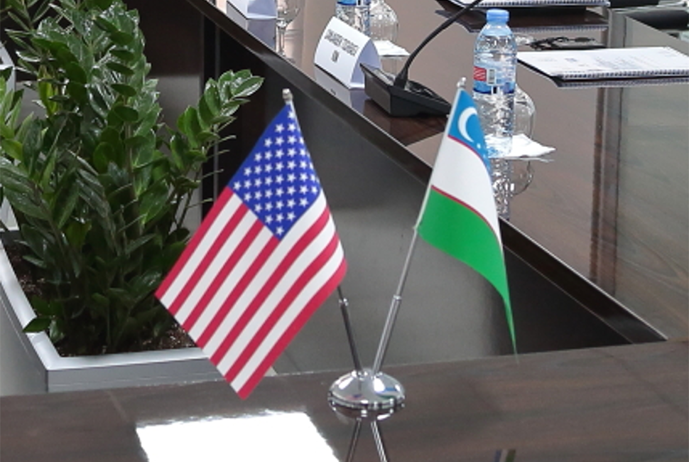 Photo of a small United States flag and an Uzbekistan flag in a holder on a desk.