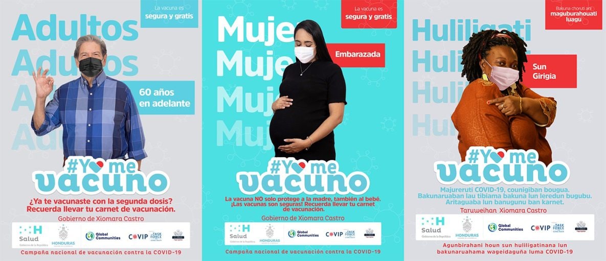 A poster created by the Honduran Ministry of Health shows a photo of a man. The message is in Spanish and encourages adults aged 60 and older to get the COVID-19 vaccine.