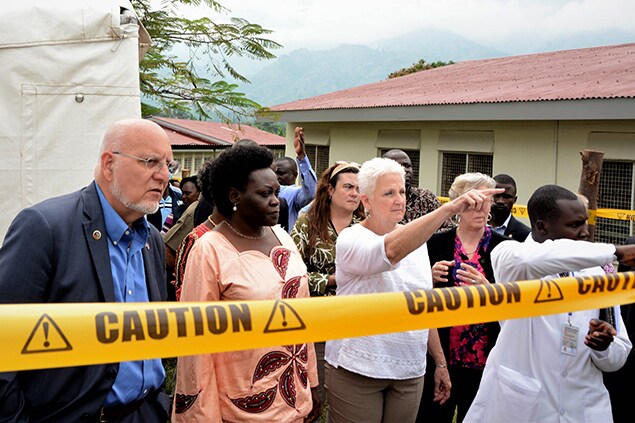 CDC Director Robert Redfield,the Minister of State for Health Sarah Opendi, and the US Ambassador to Uganda, Deborah Malac learn about Uganda Preparedness activities in 2018. Photo credit: Irene Nabusoba