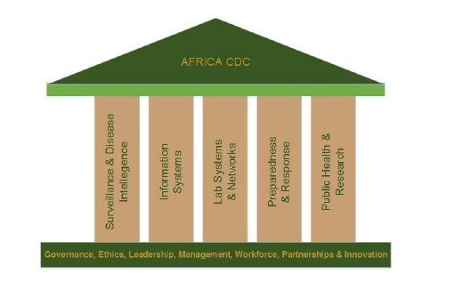 Functional pillars of Africa CDC. (Graphic from the Africa Centres for Disease Control and Prevention Strategy at a Glance (2017-2021).) 