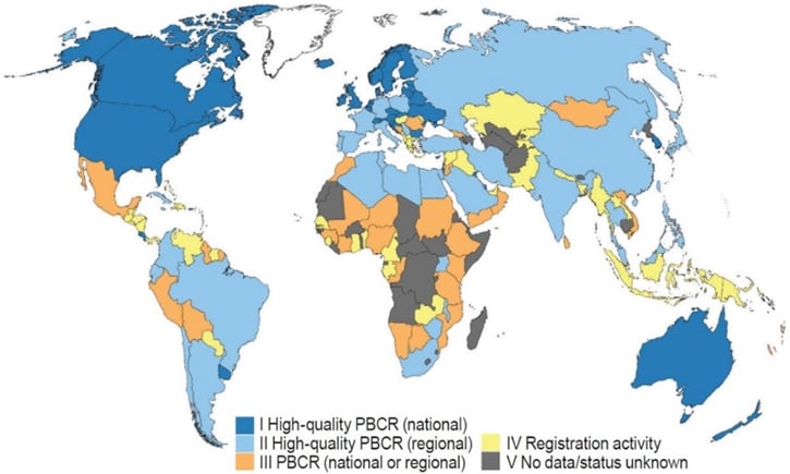  Global status of population-based cancer registration as of mid-2013. PBCR stands for Population-Based Cancer Registries. High-quality PBCR implies publication in Cancer Incidence in Five Continents. Source: Courtesy of Freddie Bray, IARC