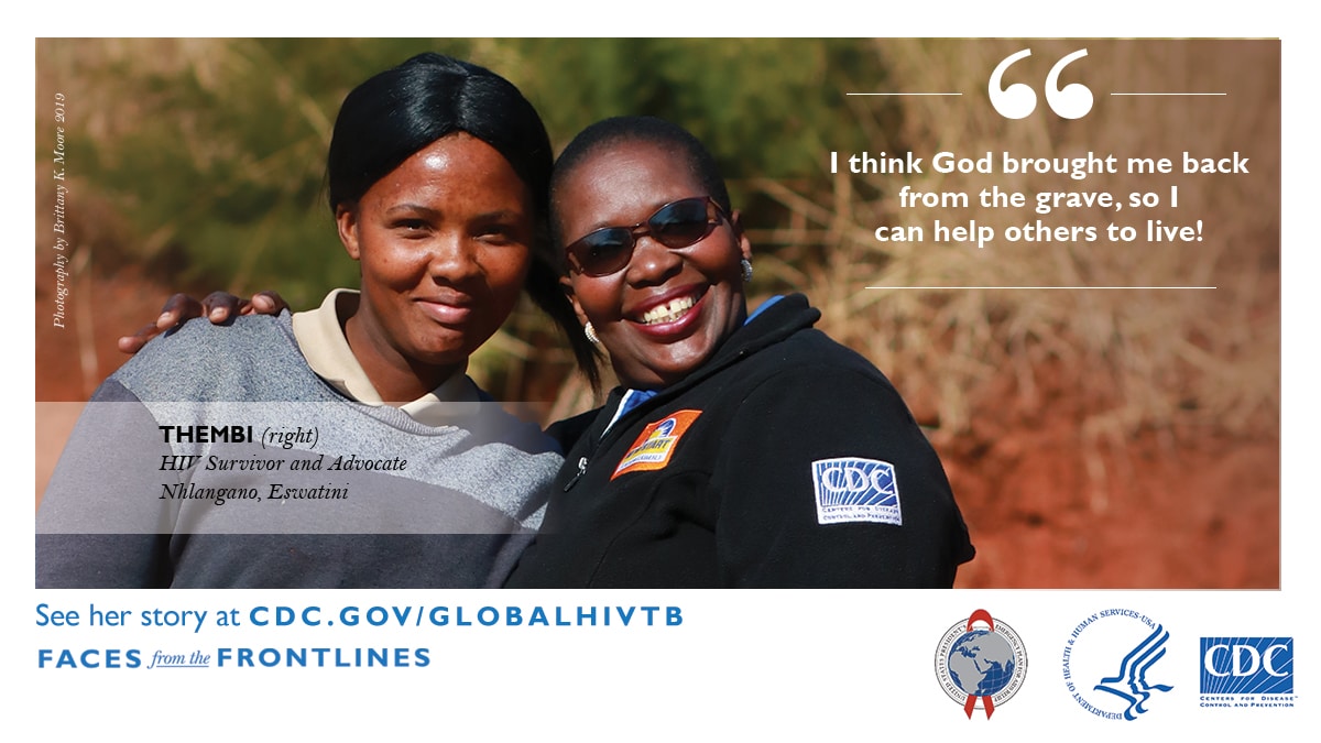 Social media card: photo of HIV survivor and advocate. I think God brought me back from the grave, so I can help others to live! See her story at cdc.gov/globalhivtb