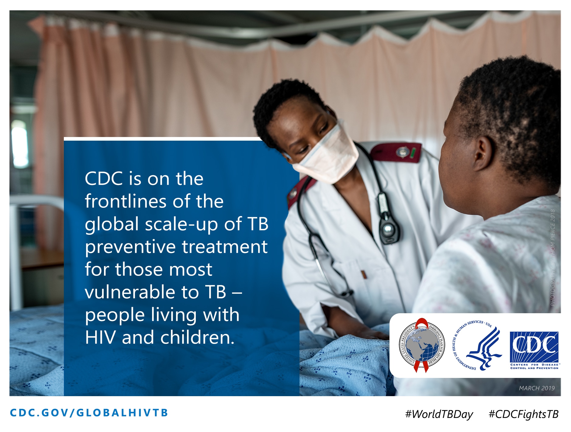 Image, doctor examines patient. CDC is on the frontllines of the global scale-up of TB preventive treatment for those most vulnerable to TB - people living with HIV and children.