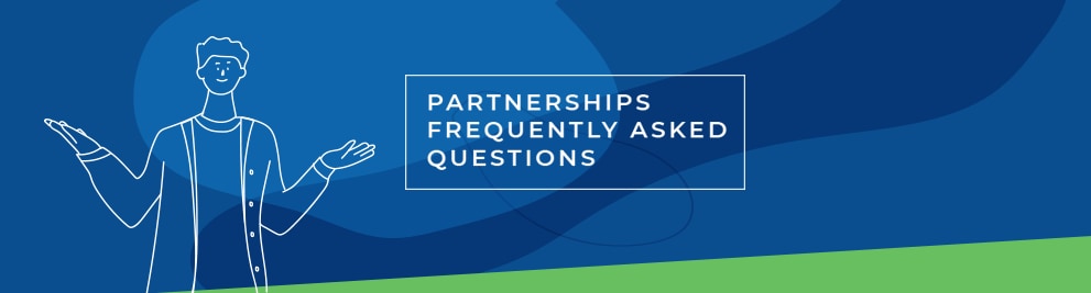 Partnerships Frequently Asked Questions. Illustration of a man with hands upraised