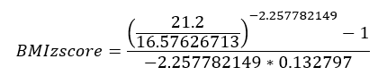 z-score equal to quotient of 21.2 divided by 16.57 raise to power of -2.257 minus 1 divided by product of -2.257 times 0.132