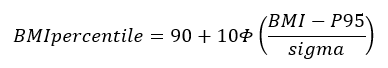 data-file-formula7 BMI percentile equals 90 plus 10 times the cumulative distribution function (CDF) of the standard normal distribution