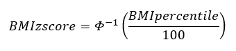 BMI z-score equals the inverse CDF of the standard normal distribution of the quotient of BMI percentile divided by 100.