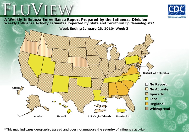 FluView, Week Ending January 23, 2010. Weekly Influenza Surveillance Report Prepared by the Influenza Division. Weekly Influenza Activity Estimate Reported by State and Territorial Epidemiologists. Select this link for more detailed data.