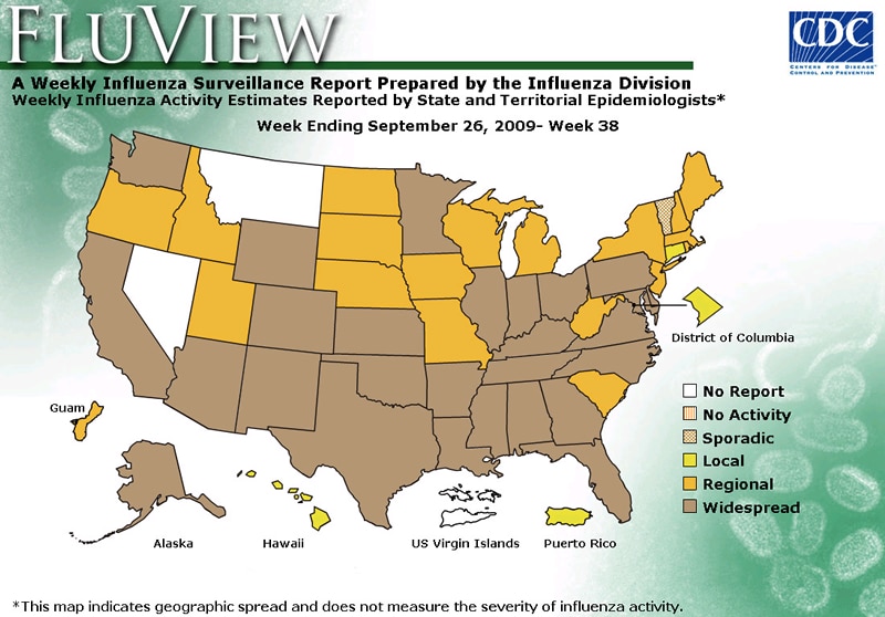 FluView, Week Ending September 26, 2009. Weekly Influenza Surveillance Report Prepared by the Influenza Division. Weekly Influenza Activity Estimate Reported by State and Territorial Epidemiologists. Select this link for more detailed data.