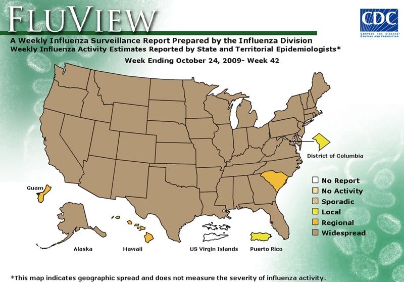 FluView, Week Ending October 24, 2009. Weekly Influenza Surveillance Report Prepared by the Influenza Division. Weekly Influenza Activity Estimate Reported by State and Territorial Epidemiologists. Select this link for more detailed data.