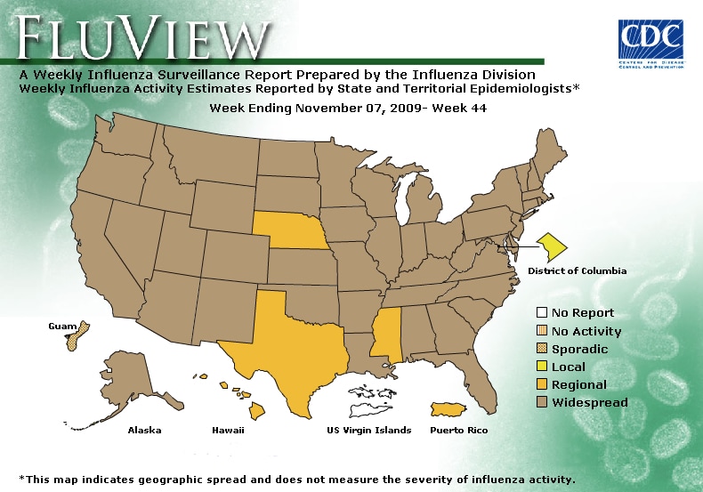 FluView, Week Ending November 7, 2009. Weekly Influenza Surveillance Report Prepared by the Influenza Division. Weekly Influenza Activity Estimate Reported by State and Territorial Epidemiologists. Select this link for more detailed data.