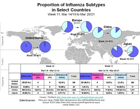 This picture depicts a map of the world that shows the co-circulation of 2009 H1N1 flu and seasonal influenza viruses. The United States, Europe, Japan and China are depicted. There is a pie chart for each that shows the proportion of laboratory-confirmed influenza cases that have tested positive for either 2009 H1N1 flu or other influenza subtypes. The majority of laboratory-confirmed influenza cases reported in the United States, Europe, and Japan have been 2009 H1N1 flu.
