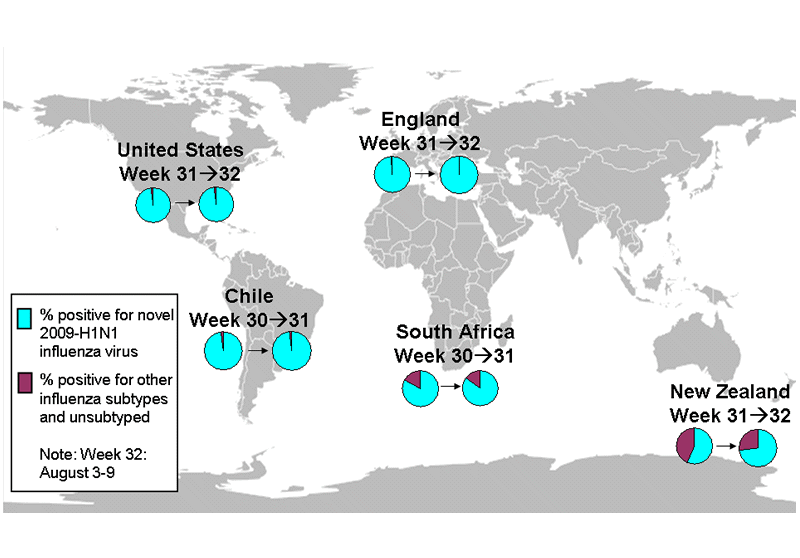 This is a map of the world that shows the co-circulation of novel 2009-H1N1 flu and seasonal influenza viruses. Seven countries are featured, including Canada, Brazil, Chile, England, South Africa, Australia (New South Wales) and New Zealand. For each of these countries, there is a pie chart that shows the percentage of laboratory confirmed influenza cases that have tested positive for either novel 2009-H1N1 flu or other influenza subtypes. Other influenza subtypes are being reported more commonly in the countries within the Southern Hemisphere because the flu season has already started there. South Africa and New South Wales, Australia have an asterisk next to them because the seasonal influenza strains that are circulating in these countries are mostly H3 subtype influenza viruses.