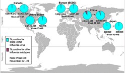 This picture depicts a map of the world that shows the co-circulation of 2009 H1N1 flu and seasonal influenza viruses. The United States, Canada, Europe, Japan and China are depicted. There is a pie chart for each that shows the percentage of laboratory confirmed influenza cases that have tested positive for either 2009 H1N1 flu or other influenza subtypes. The majority of laboratory confirmed influenza cases reported in the United States, Canada, Europe, Japan and China have been 2009 H1N1 flu.

