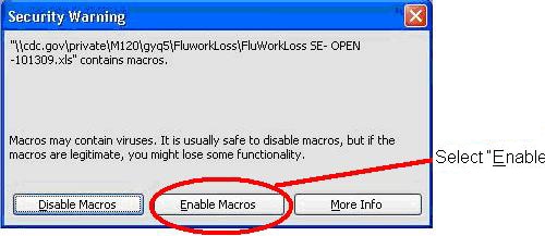 Picture displaying how the user will enable to macros that are needed to run the FluWorkLoss Special Edition software tool.