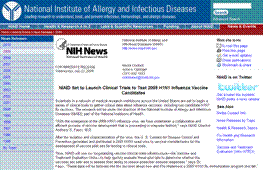 Screenshot of National Institute of Allergy and Infectious Diseases web page showing an NIH press release entitled NIAID Set to Launch Clinical Trials to Test 2009 H1N1 Influenza Vaccine Candidates