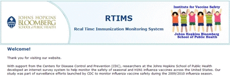 Screen shot of Johns Hopkins Bloomberg School of Public Health RTIMS Real Time Immunization Monitoring System