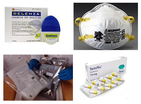 Picture of antiviral medication Relenza, in a diskhaler, Picture of N-95 mask, Picture of laboratory person handling packages of RT-PCR test kits and Picture of antiviral medication Tamiflu, in a blister package.